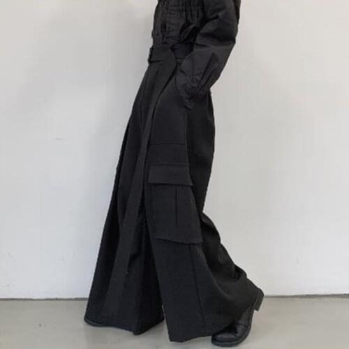 Mens pants Spring and Autumn style loose wide leg pants flared pants cargo pants big pocket culottes hip yamamoto style