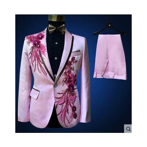 Singer embroidered dance stage clothing for men suit set with pants mens wedding suits sequins diamond formal dress tie pink