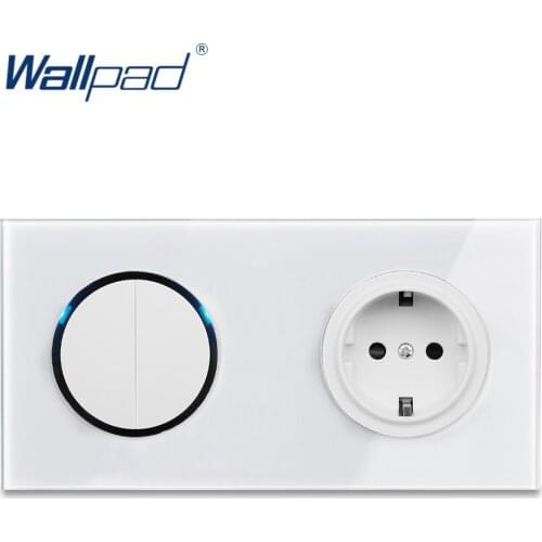 Wallpad L6 White Glass Panel LED 2 Gang Wall Switch with EU German Schuko Socket Random Click Push Button