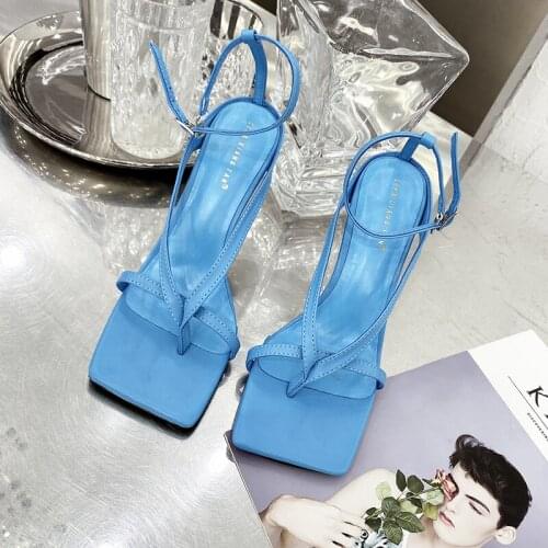 Summer New Fashion Pinch Narrow Band Women Gladiator Sandal Ladies Square Open Toe Ankle Buckle Strap Stiletto Heels Party Shoes