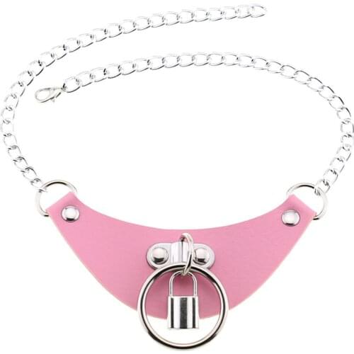 2021 Trendy Choker Necklaces Pink PU Leather Collar with Metal Lock Pendant Fashion Women Jewelry Birthday Party Street Photo