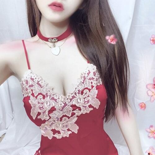 Retro Sexy Nightdress Womens Sleepwear Embroidered Silky Sleepwear Deep V Side Split Strap Nightgowns Lace Flower Nightdress