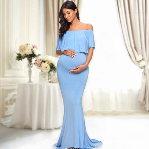 Women Maternity Off Shoulder Ruffles Sleeveless Dress Mama Photography Slim Fitted Gown Maxi Pregnancy Clothes Baby Shower Dress