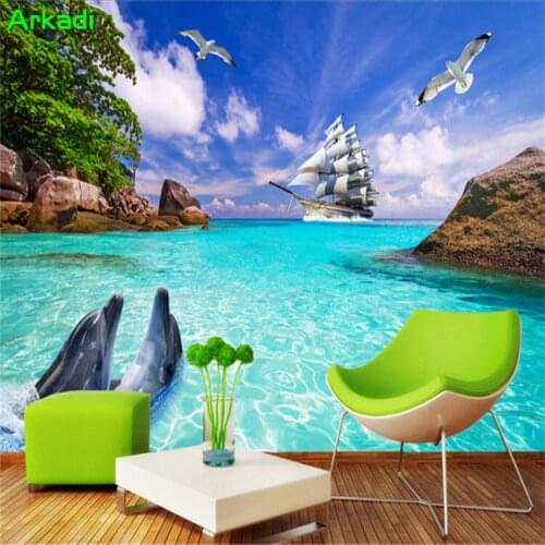 Custom Photo Modern Fresh and Simple Living Room Bedroom TV 3D Dolphin Beach Sailboat Seascape TV Background Wall