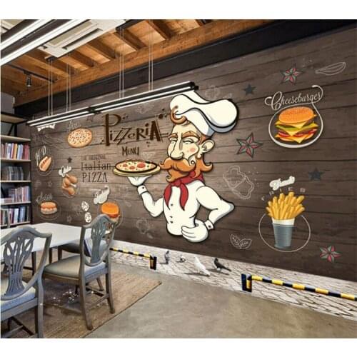 Hand painted wood pizza restaurant backdrop Tea shop Western restaurant wallpaper fast food shop mural wallpaper