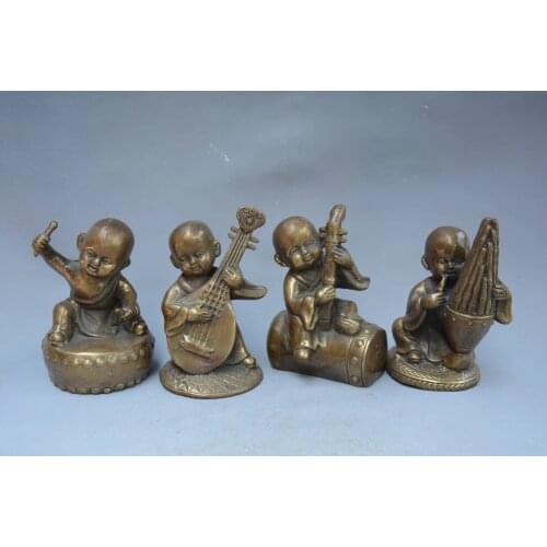 Rare Old Qing Dynasty brass incChildren Musicians statue,4 pieces/pack, best collection & adornment, free shipping