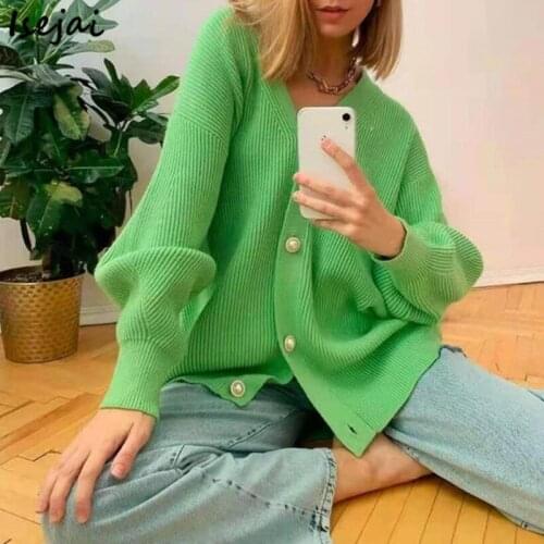 V neck Long Sleeve Loose Sweater Cardigan Knit Sweater Coat Elegant Solid Color Top
