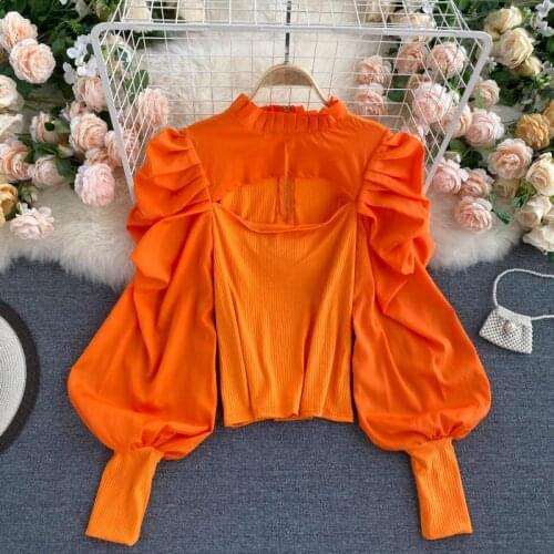 European Pleated Blouse Stand Collar Hollowed Out Breast Bottoming Shirt All-Match Slim Fit Puff Sleeve Tops Female Blusa PL577