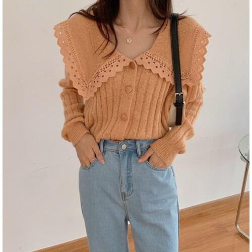 Alien Kitty Chic Fashion Casual Ruffle Lapel 2021 Female Single Breasted Soft Korean Long Sleeve Elegant Design Knitted Cardigan