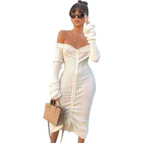 Adogirl Women Off Shoulder Long Sleeve Knitted Dress