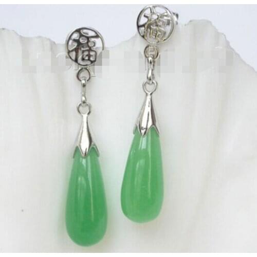 FREE shipping> >>> Genuine 8*21mm drop green Natural Earrings post