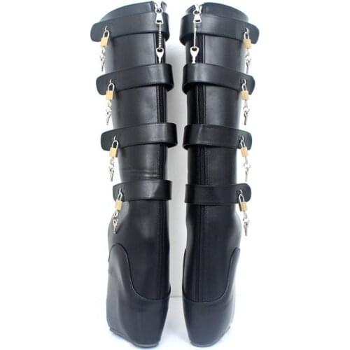 Black Cosplay Shoes Sexy Heelless Lockable Wedge knee high Padlock ballet Boots For Woman 2018