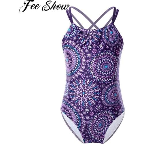 Kids Girls One-Piece Brazilian Swimsuits Bodysuit Shoulder Straps Cross Back Bohemian Beach Leotard Bikini Swimwear Bathing Suit
