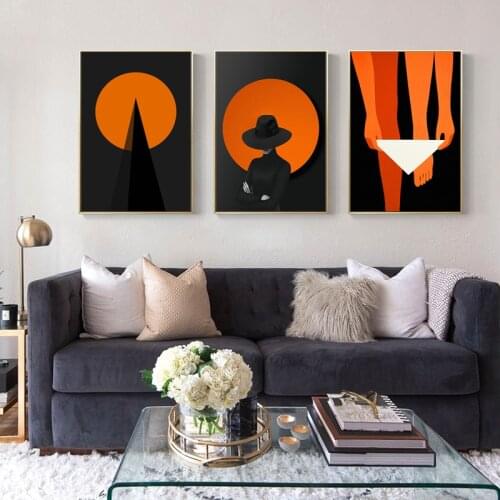 Abstract Clip Art Man with Black Hat Canvas Painting Posters Print Black Orange Wall Art Pictures For Living Room Bedroom Home