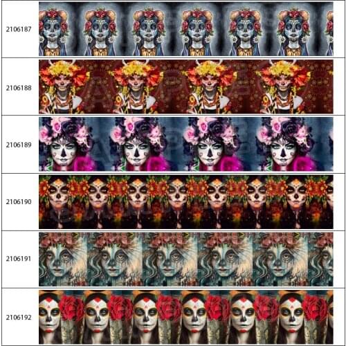 Mexican Styles Grosgrain Ribbon Printed Day of The Dead Characters 5Yards for DIY Hair Bow Handmade Material Headdress