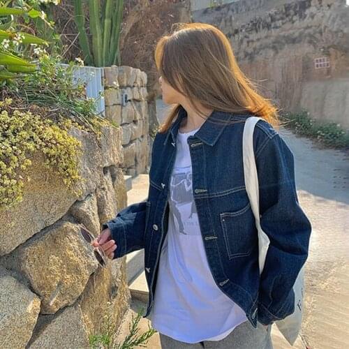 Fashion Blue Cowboy Coat Loose Korean Long Sleeve Denim Jacket Tops Cardigan Spring Autumn Womens Casual Lapel Tooling Chaqueta