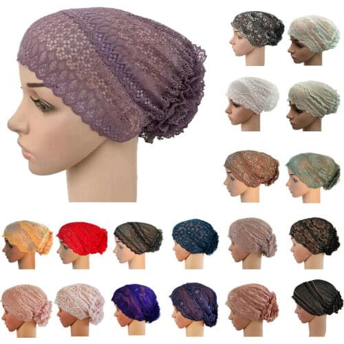 Full Cover Head Inner Cap Flower Lace Muslim Hijab Caps Islamic Head Wear Hat Underscarf Beanie Hats Indian Turban