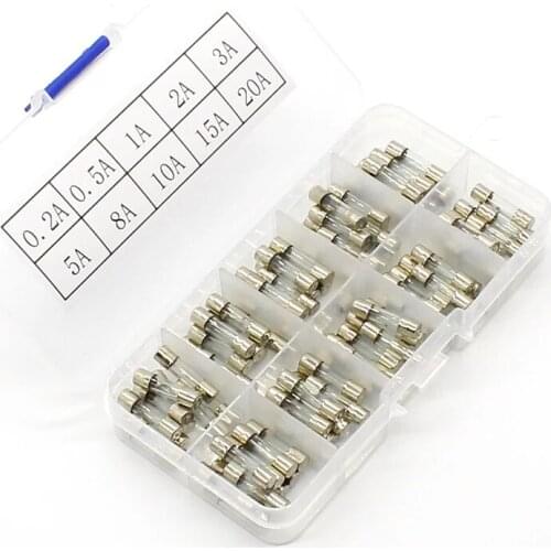 100Pcs Set 5x20mm 250V 0.25A/0.5A/1A/2A/3A/5A/8A/10A/15A/20A Quick Blow Glass Tube Fuse Assorted Kits,Fast-blow Glass Fuses