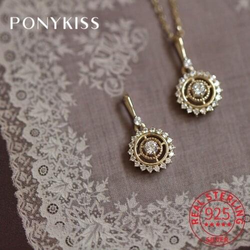 PONYKISS Vintage 925 Sterling Silver Destiny Compass Zircon 14K Gold Pendant Necklace For Women Fine Jewelry Party Drop Shipping