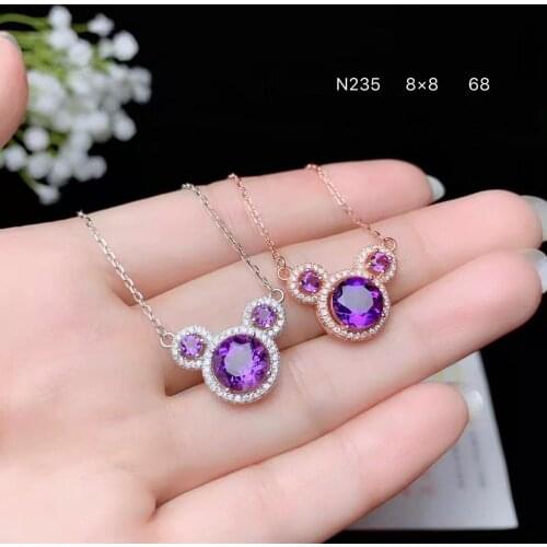 Bear style cute purple amethyst gemstone pendant of necklace for women ornament real 925 silver round natutal gem certificate