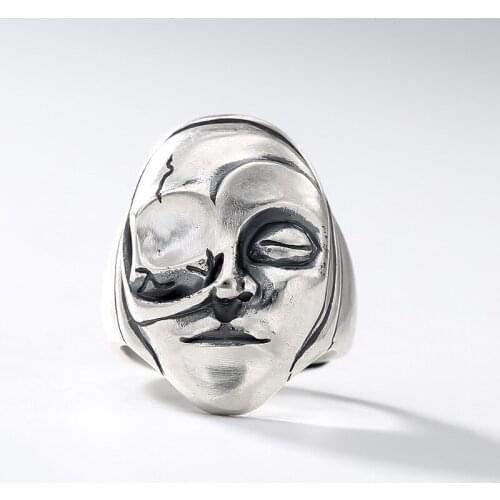 Real 990 Pure Silver Personalized Punk Mask Open Stacking Rings for Women Men Couple Gift Vintage Jewelry Anillos