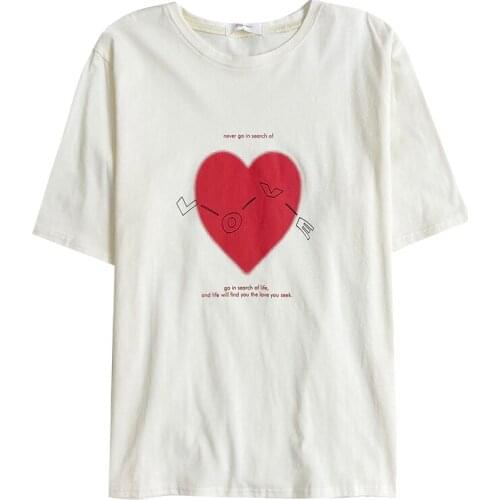 Cute Apricot Comfortable Love Heart Letter Print Summer O Neck Loose All-match Short Sleeve T-Shirt