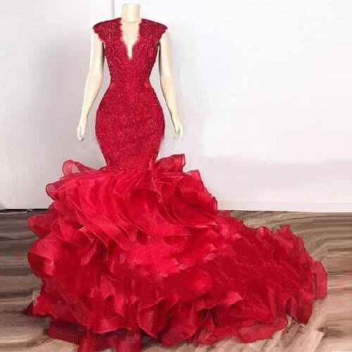 Dark Red Cascading Ruffles Prom Dresses Mermaid 2020 Lace Beaded Organza V-neck Evening Gowns Party Dresses robes de soriee