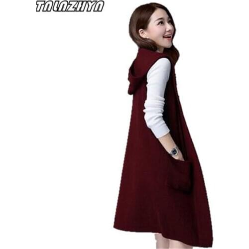 TNLNZHYN 2019 Spring Women knit cardigan vest sleeveless Vest Jacket Hooded Knitted Cardigan Plus Size Casual Long Sweater Coat