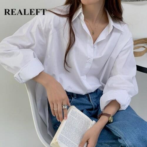 REALEFT 2021 New Autumn White Turn-down Collar Oversize Womens Blouse Casual Loose Female Blouse Tops Workwear Korean Shirts