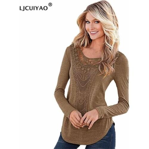 LJCUIYAO Autumn Large Sizes Women T-shirt Solid O Neck Long Sleeve Long Tshirt Casual Top Female Hollow Out Embroidery Clothes