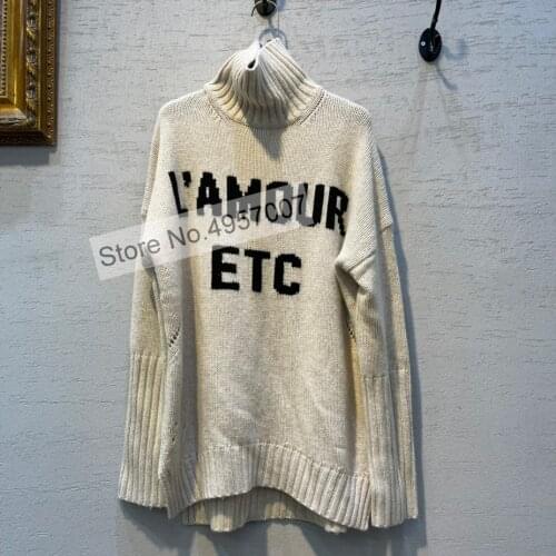 Ladies Turtleneck Letter Patchwork Wool Sweater Pullover Top With Long Sleeve