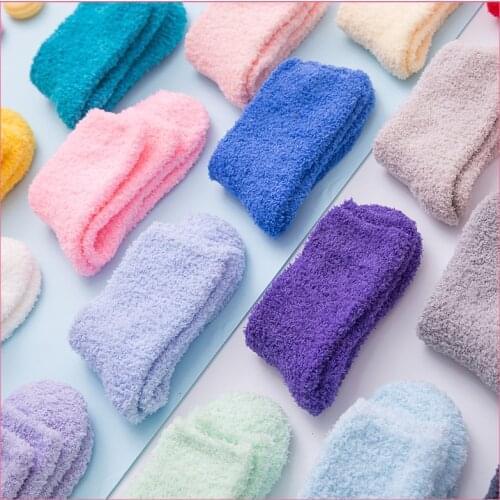 Womens Happy Socks Candy Color Coral Fleece Warm Socks Winter Thick Flooring Socks Casual Solid Color Half Side Socken