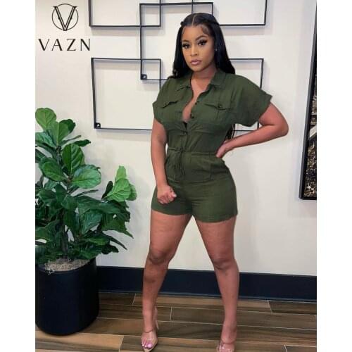 VAZN 2021 summer women fashion hot sale street casual style jumpsuits short sleeve lapel pure color jumpsuits short pants