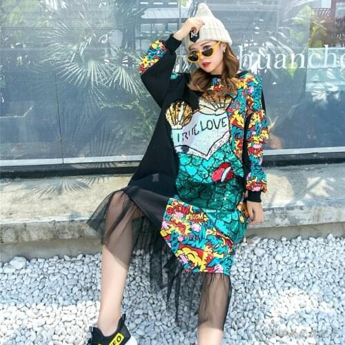 Women Long Sweatshirts Dress Mesh Bottom Fish Tail Sequined Streetwear Printed Loose Pullovers Jumper Oversized Harajuku clothes