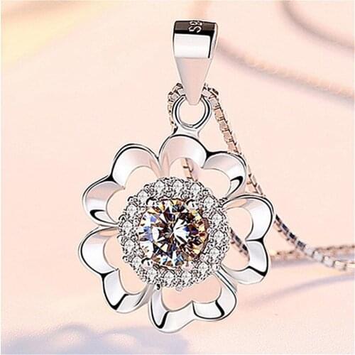 Lady Silver 925 Sterling Necklace For Women Jewelry Bright Crystal Clover Pendant Necklace Girl Clavicle Accessories Female Gift