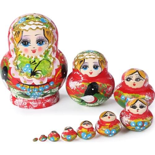10-Layers Russian Nesting Dolls Matryoshka Dolls Lovely Wooden Handmade BirdPainted Russian Babushka Dolls Gift Toy