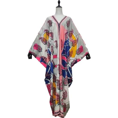 Abaya Leaf Printed Bohemian Summer Beach Boho Maxi Dresses For Lady Free Size Sexy Lady V-neck Silk Party Kaftan Boubou