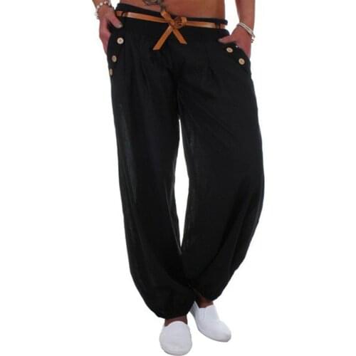Casual Women Plus Size Solid Color High Waist Belted Harem Pants Long Trousers