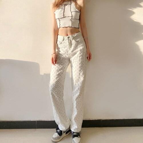 White Dot Hole Wide Leg Pants Women Fashion Indie High Waist Slim Hip Trousers 2021 Spring Autumn Vintage Y2k New Casual Pants