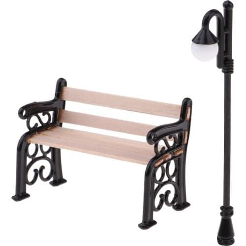 Wooden Park Bench & Street Lamp For 1/12 Dollhouse Garden Furniture Miniature Decor Toy