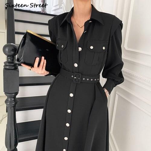 Elegant Chic Autumn Dress Woman Single Breasted Turn-down Neck Party Maxi Dresses Female Full-sleeve Business Long Dress Vestido