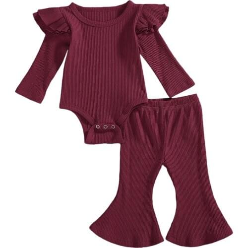 Baby Girls Long Sleeve Ruffle Romper Elastic Long Flare Pants Autumn Spring Toddler Kids Cotton Set 0-24M