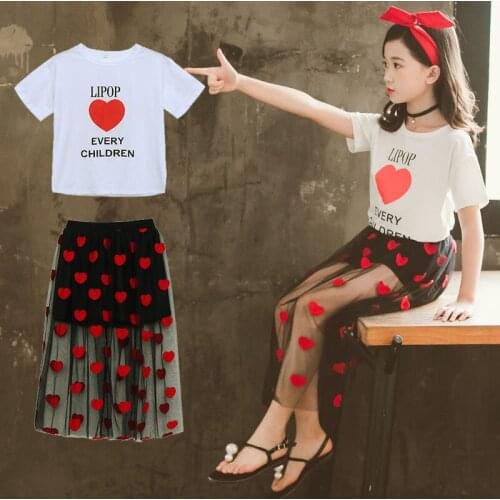New Summer Girls Clothes Sets Two Pieces Children Clothing Heart T Shirt + Skirts Casual Kids Outfits 4 5 6 7 8 9 10 11 12 Years
