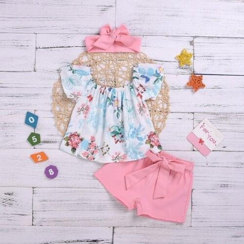 Summer Girl Set Floral Girl Vest + Pink Shorts + Headband 3pcs Sets for Kids Children Suits Fashion Girls Clothing