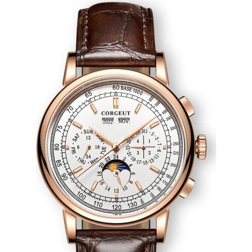 Top Brand 42mm CORGEUT Mechanical wristwatches moon Phase White Dial Silver Year Day Month Week 316L SS Case Automatic Watch men