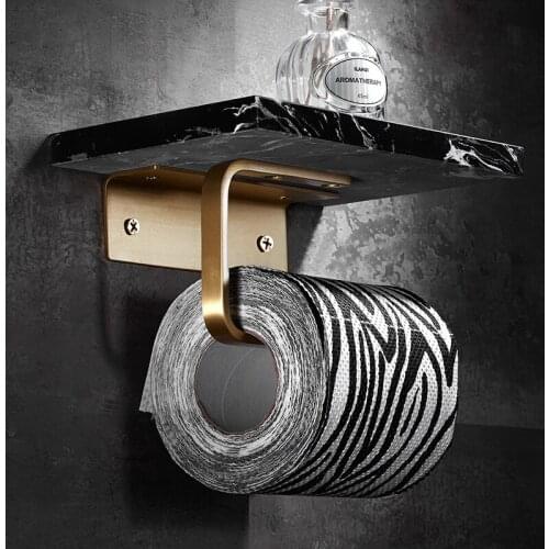 Brushed Gold Bathroom Roll Paper Holder Soild Brass & Marble Bath Mobile Phone Towel Rack Toilet Tissue Shelf Wall Mounted