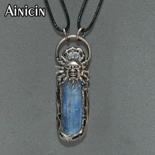 Natural kyanite Long Strip Shape Sun Pendents Antique Bronze Color Plating Big Circle Pendants For Fashion Women Jewelry Making