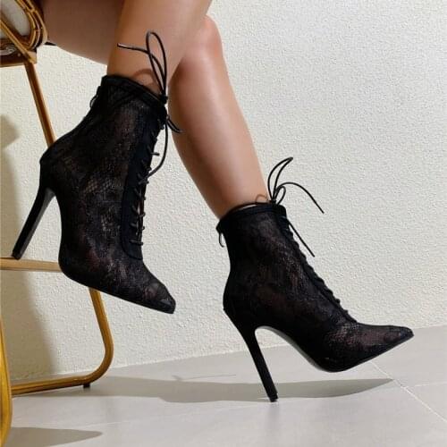 2020 European and American Foreign Trade New Womens Shoes Thin High Heel Pointed Front Lace Up Mesh Cool Boots Womens Boots