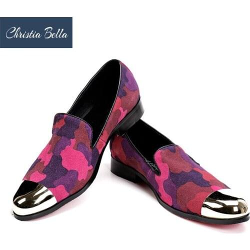 Christia Bella Brand New Camouflage Velvet Handmade Men Shoes with Gold Toe Metal Fashion Party and Banquet Loafers Males Flats