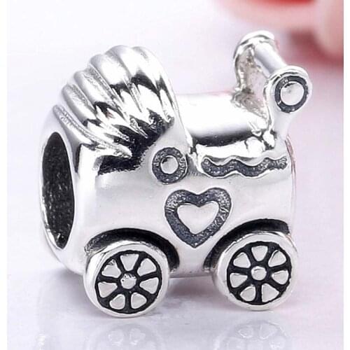 Original Vintage Love Heart Baby Pram Carriage Stroller Beads Fit 925 Sterling Silver Charm Bracelet Bangle Diy Jewelry
